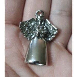 Vintage Pendant Charm Guardian Angel with Dove 3D Peace on Back Silver Tone